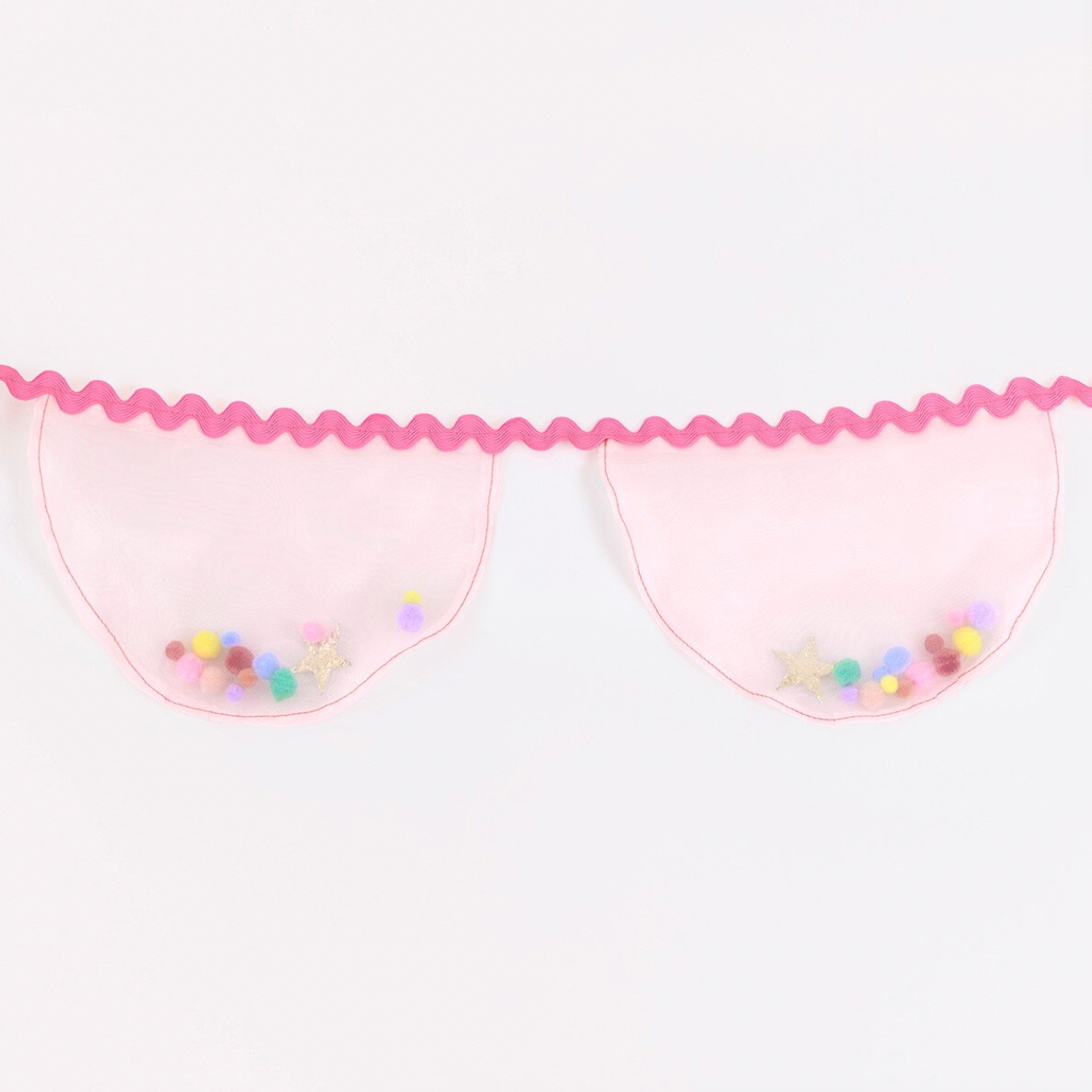 Pink bunting with colorful beads on a white background