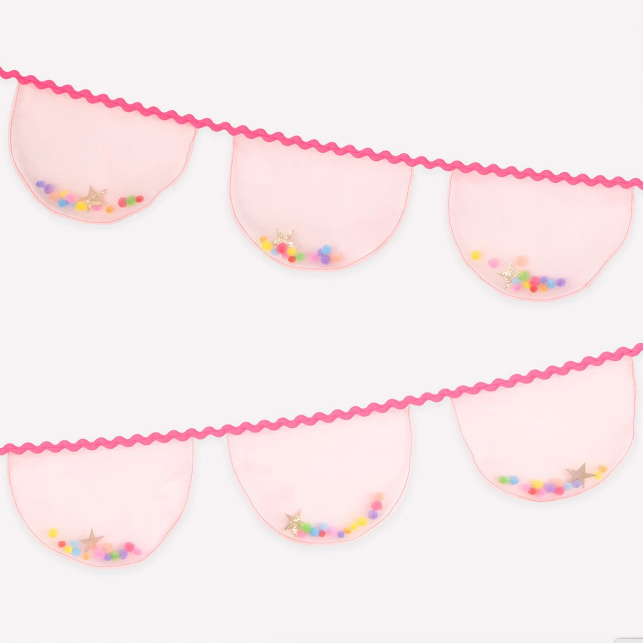 Pink decorative bunting with colorful beads on a white background