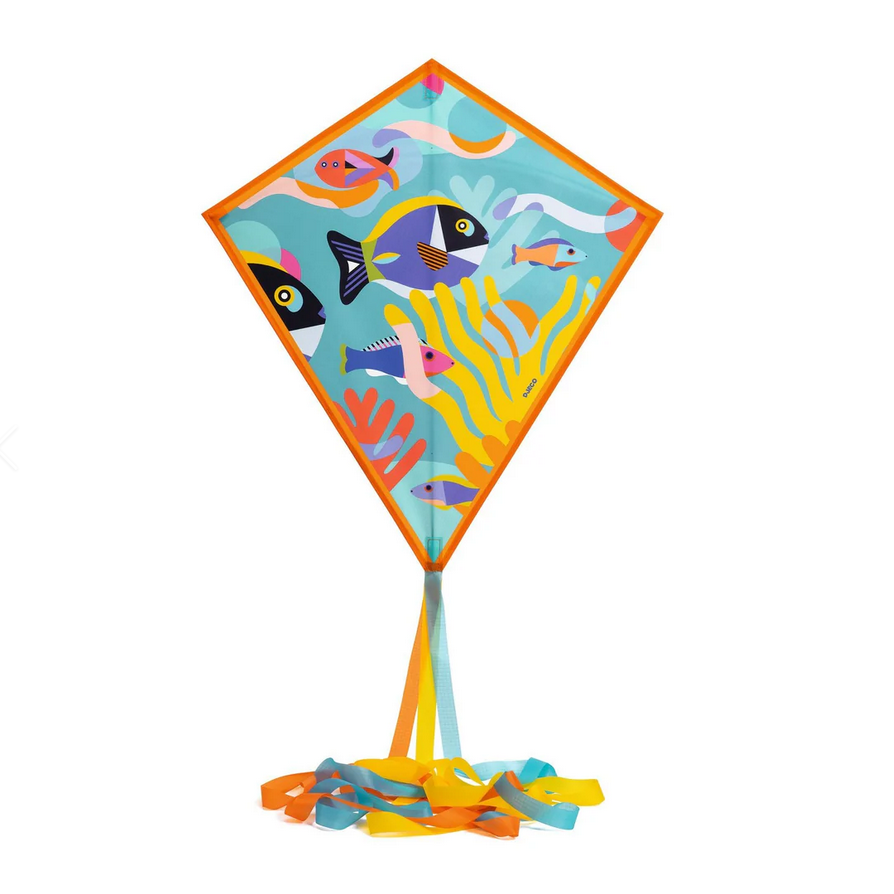 Colorful diamond-shaped kite with fish design on a white background