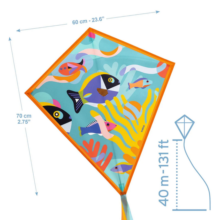 Colorful kite with fish and coral design, showing dimensions on a white background