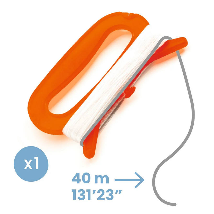 Orange spool of thread with a measurement label on a white background