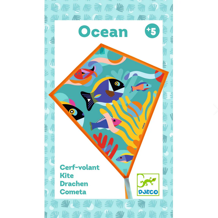 Colorful kite packaging with ocean-themed design and Djeco branding.