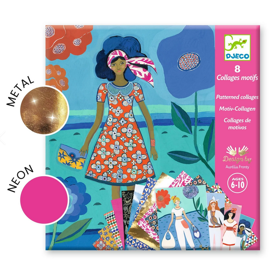 Djeco art kit packaging with a colorful illustration of a girl and flowers, featuring neon and metal elements.