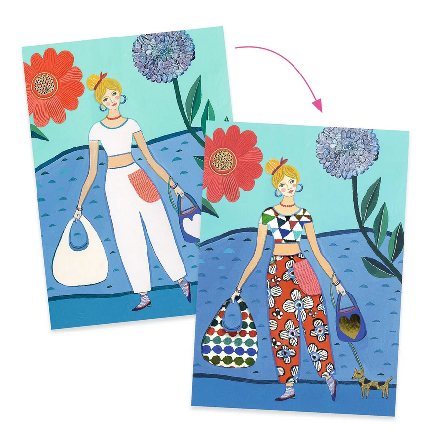 Two illustrated cards featuring a woman with floral accessories and handbags on a blue background.