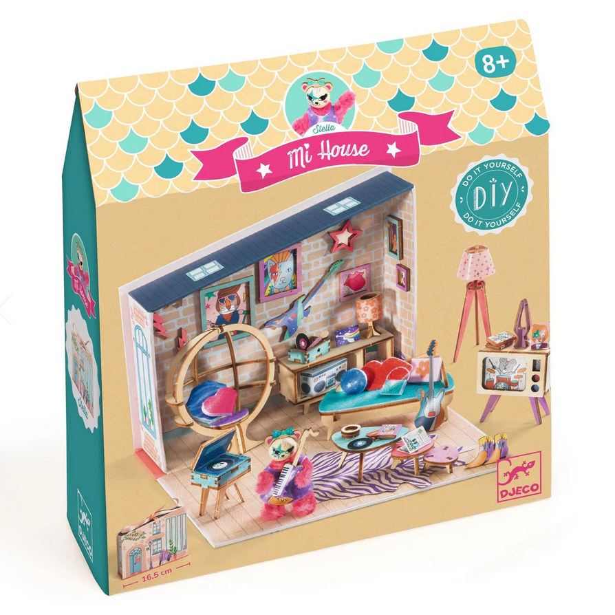 Djeco 'My House' toy set packaging with colorful design and miniature room illustration.