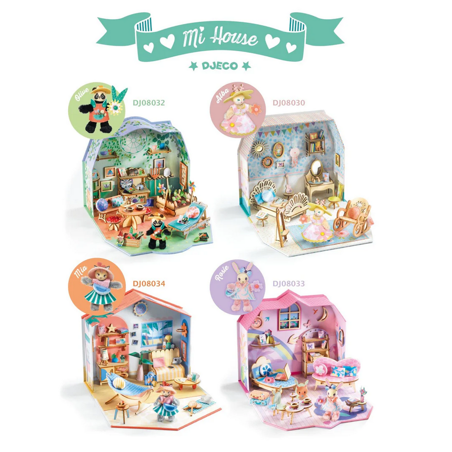 Four miniature dollhouse models with detailed furniture and decor, each in a colorful box, on a white background. Brand 'Djeco' is visible at the top.