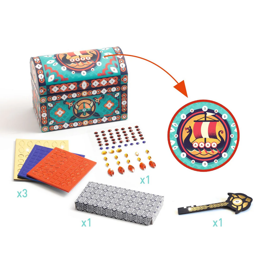 Viking-themed toy set with decorative chest, building blocks, and accessories on a white background