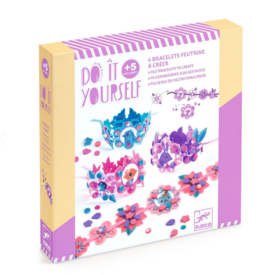 Box of 'Do It Yourself' craft kit with colorful bracelets on a white background