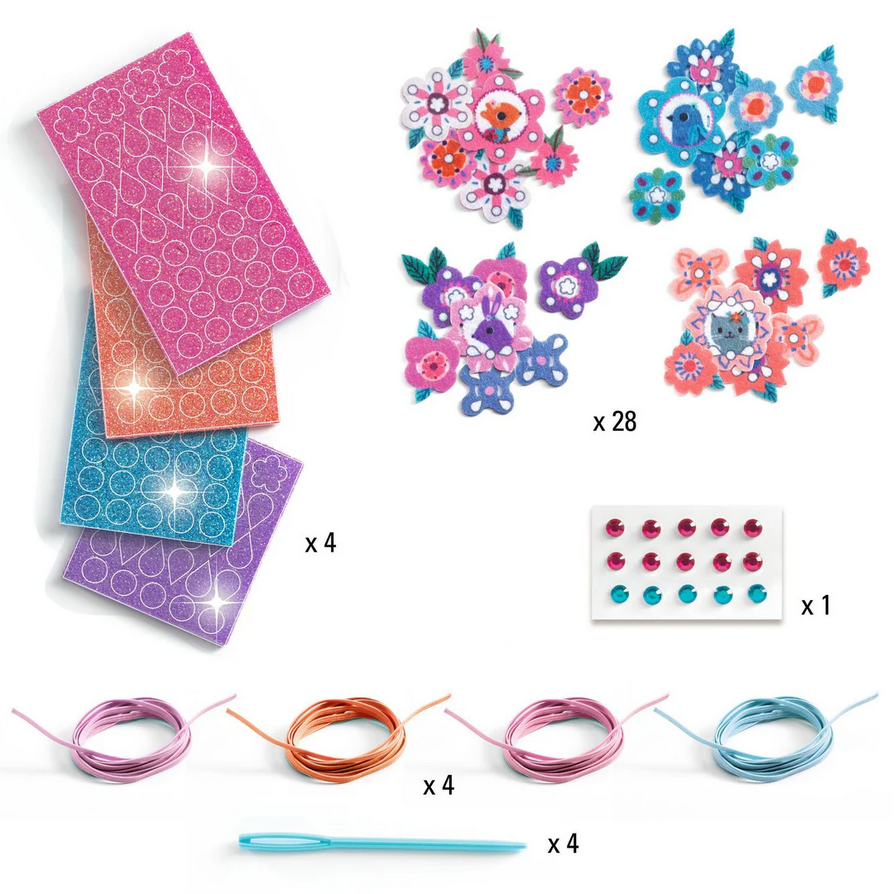 Set of decorative stickers and ribbons with floral designs on a white background