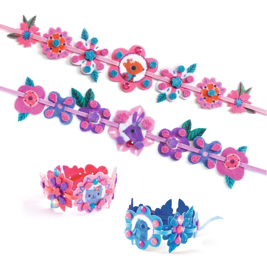 Colorful floral headbands on a white background