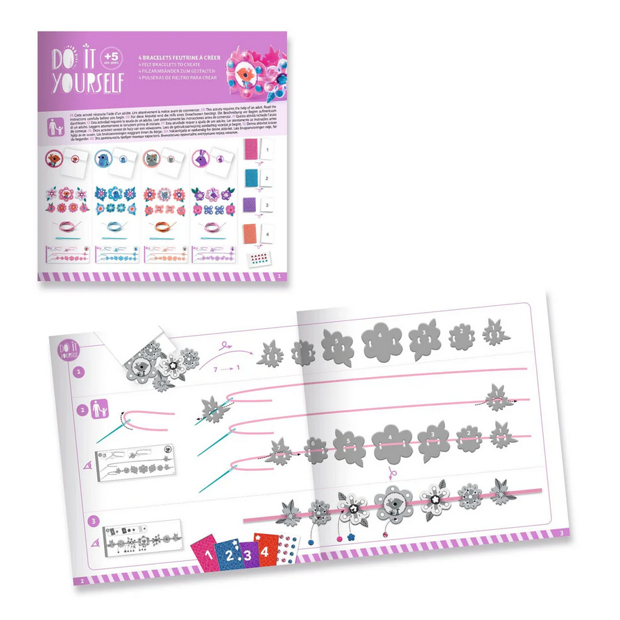 Children's craft kit with templates and instructions on a white background