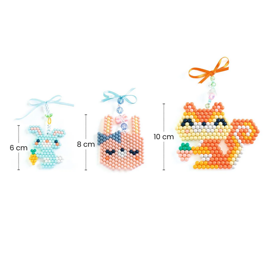 Three colorful beaded animal ornaments with measurements on a white background