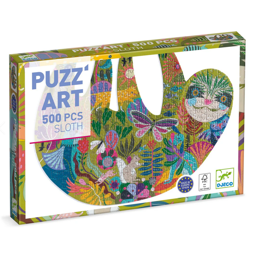 Puzzle box with sloth design and 'PUZZLE ART' branding on a white background