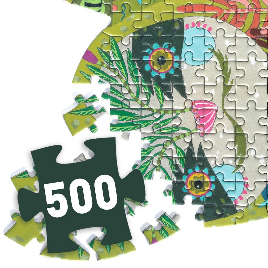 Colorful puzzle with a design of a person holding flowers, missing a few pieces.