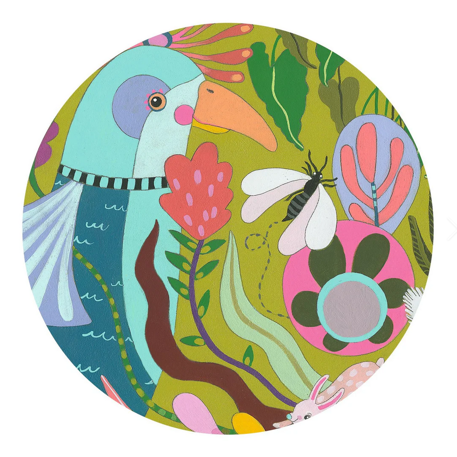 Colorful circular design with a toucan, flowers, and leaves on a green background