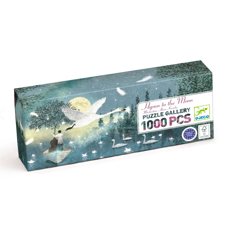 Puzzle box with swan design and 'Hymn to the Moon' text on a white background