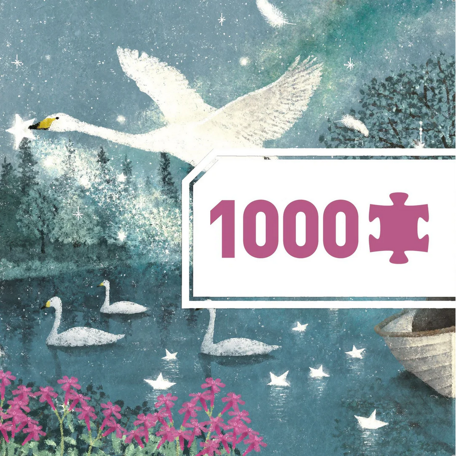 Jigsaw puzzle packaging with swans and a boat on a lake