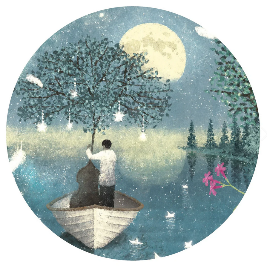 Person in a boat by a tree under a full moon with a pink flower.
