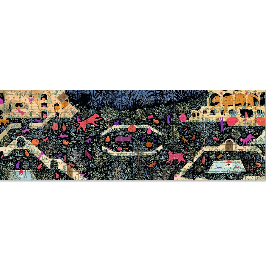 Decorative border with animals and architecture on a black background