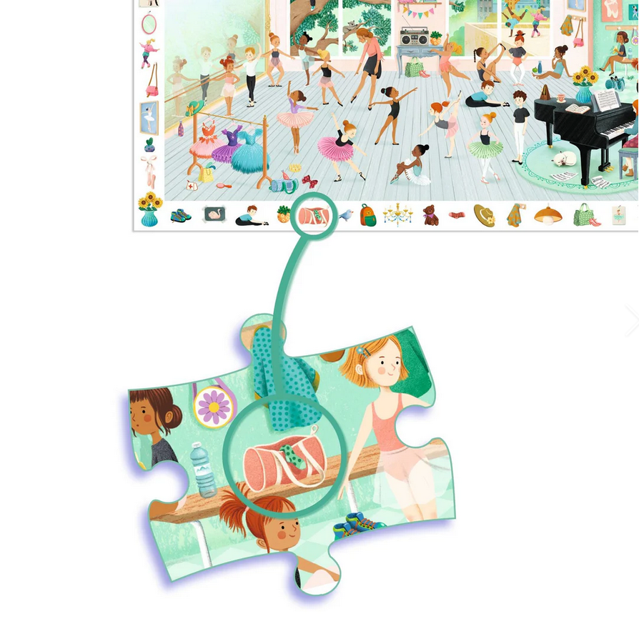 Children's puzzle with a focus on a piece featuring a girl in a ballet outfit, set against a colorful background of a dance studio.