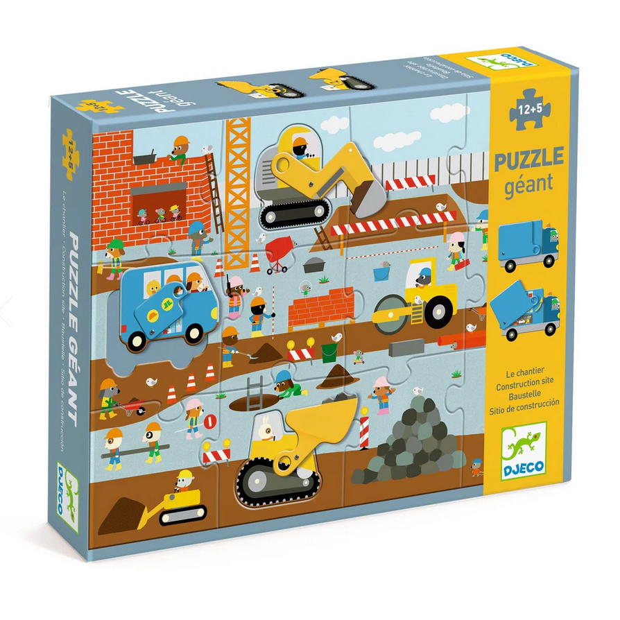 Children's puzzle box with construction site illustration on a white background