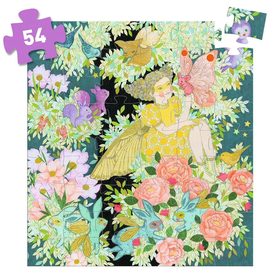 Jigsaw puzzle with a fairy and floral design, featuring 54 pieces.