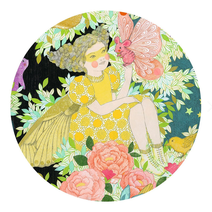 Circular artwork of a woman with floral and fairy elements on a white background