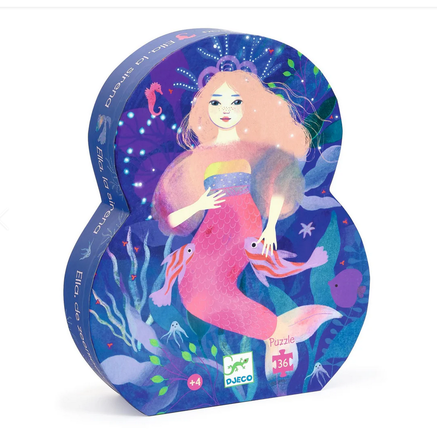 Mermaid puzzle packaging with colorful design on a white background
