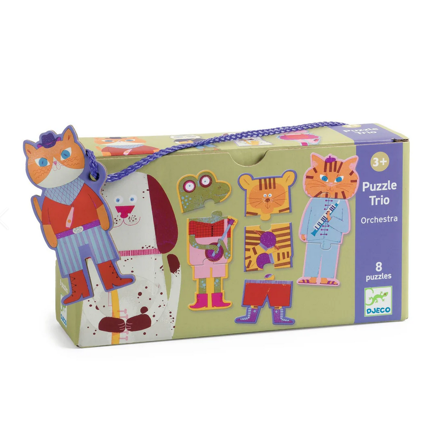 Box of Djeco Puzzle Trio with cartoon characters on a white background