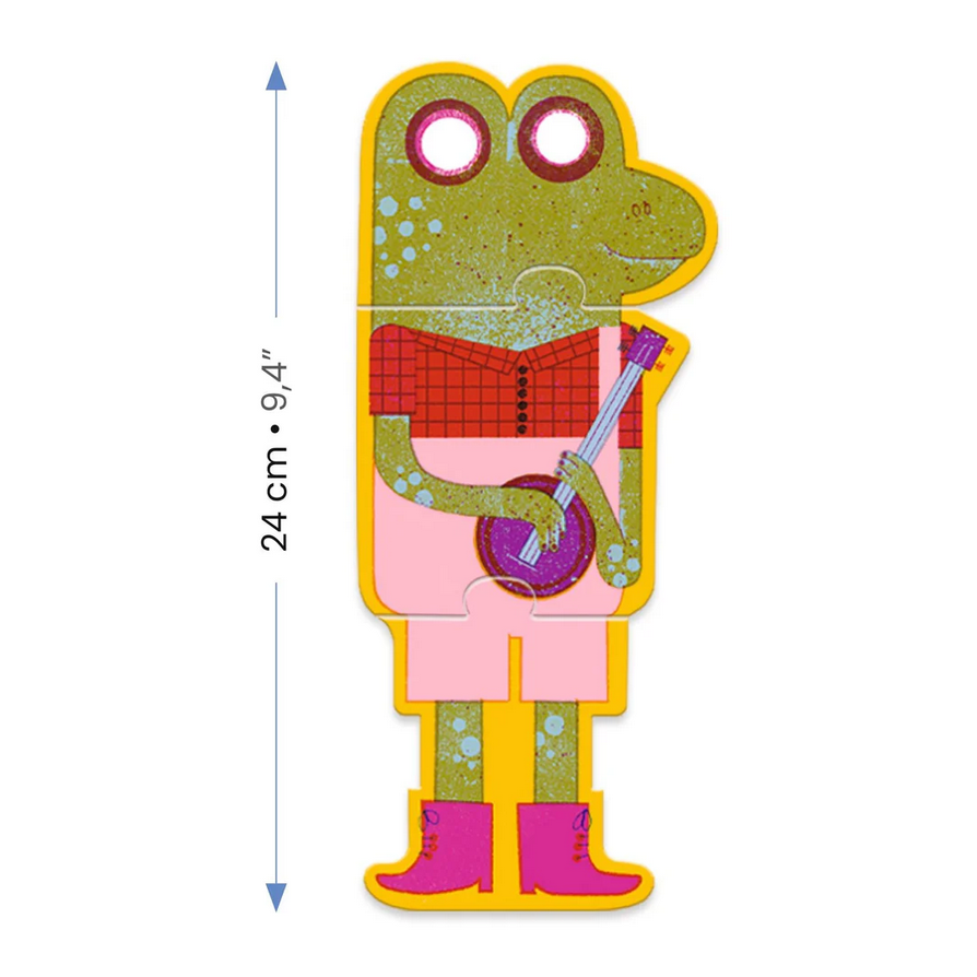 Colorful frog-shaped card with measurements on a white background