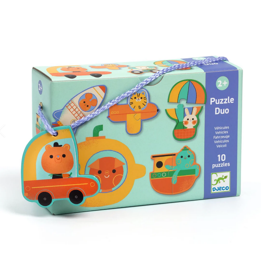 Box of a puzzle duo toy with vehicle-themed pieces on a white background