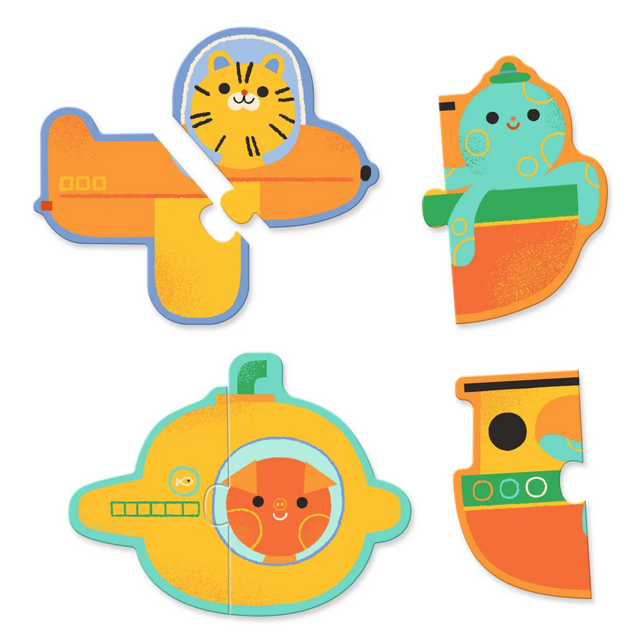 Set of four colorful animal-themed puzzle pieces on a white background
