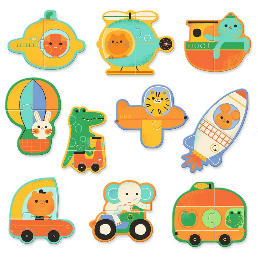 Set of colorful children's puzzles with animal characters in various vehicles on a white background.