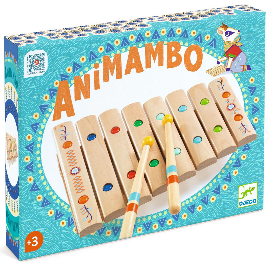 Box of Animambo wooden musical instrument set with colorful design