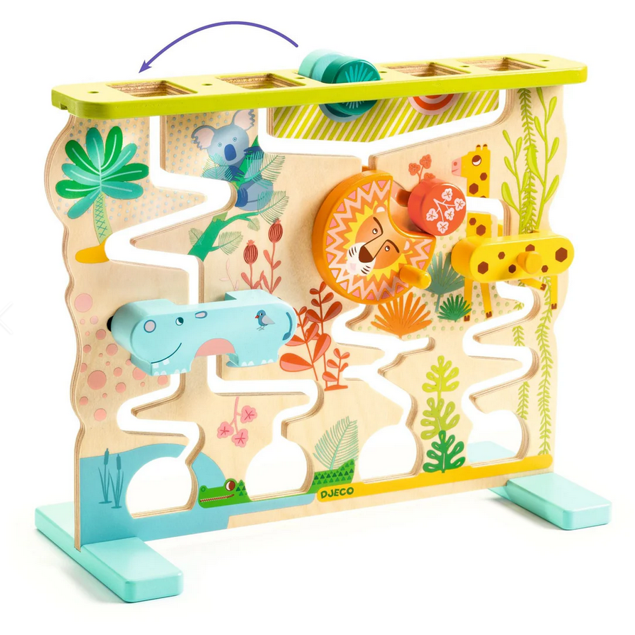 Children's wooden toy with animal designs and a colorful maze on a white background