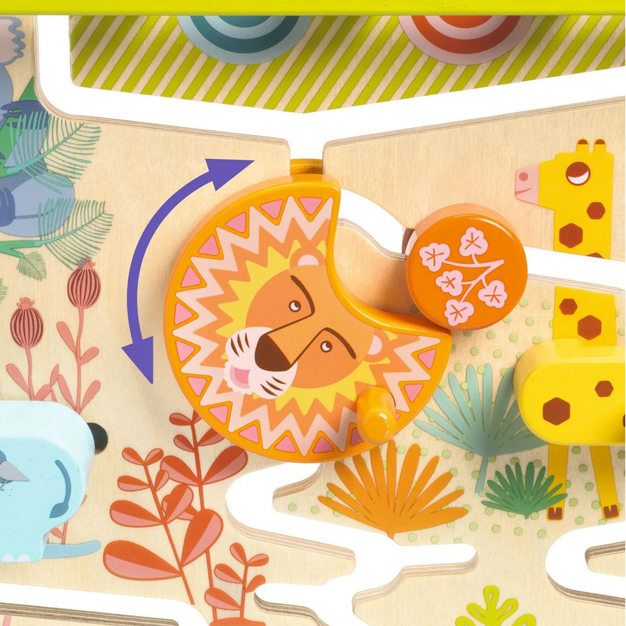 Children's wooden puzzle with animal designs and colorful elements