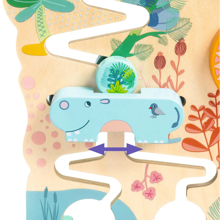 Children's maze toy with a blue hippo character on a colorful background