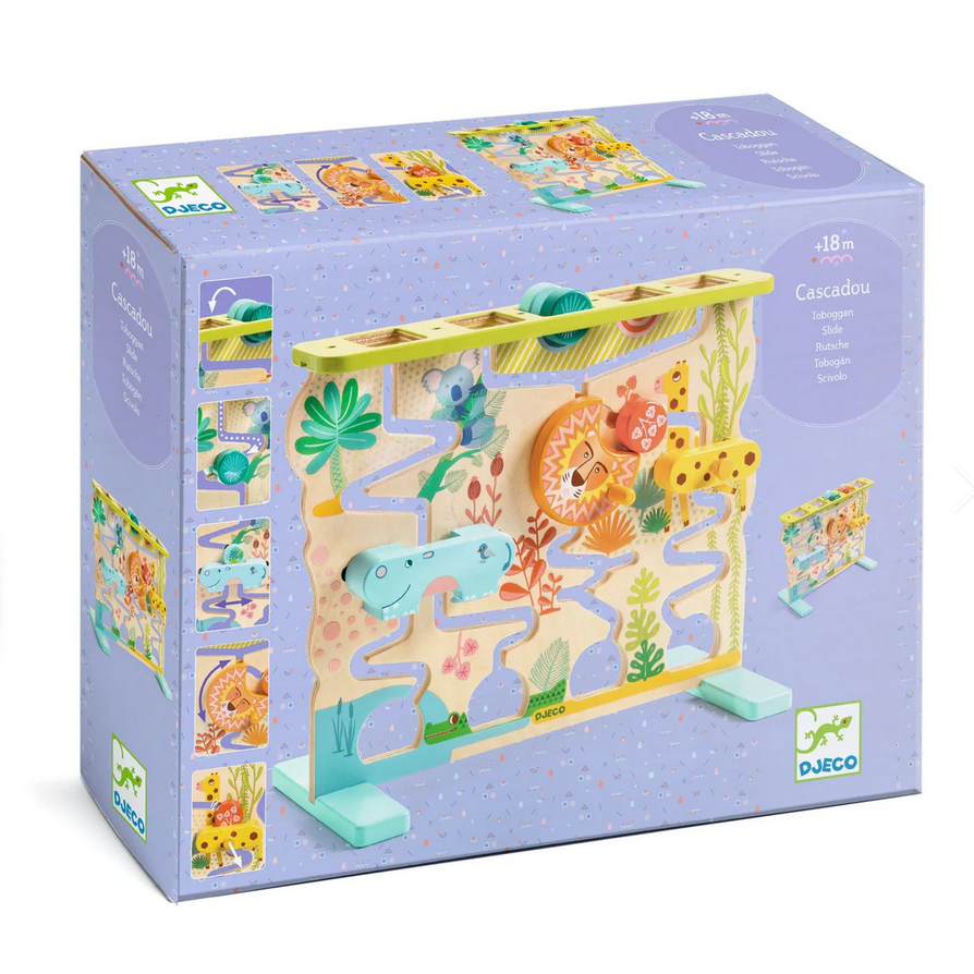 Djeco wooden toy packaging with colorful design on a white background