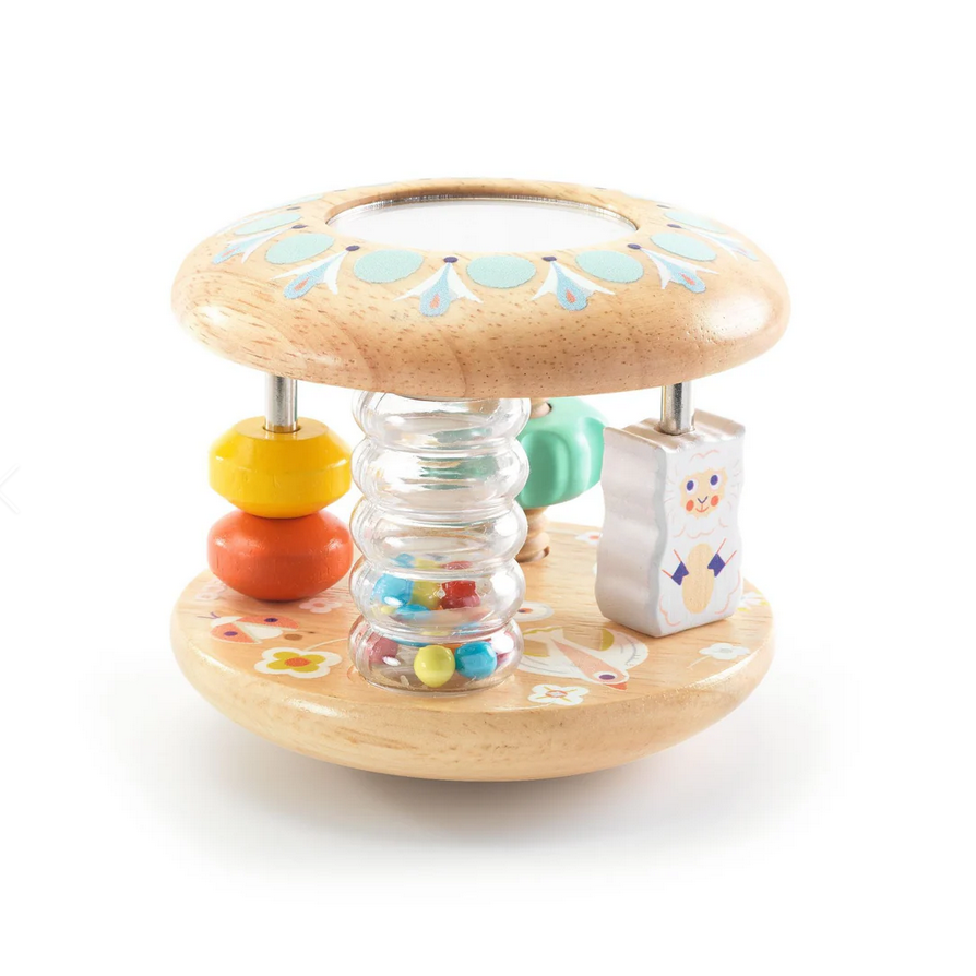 Wooden baby toy with colorful beads and shapes on a white background