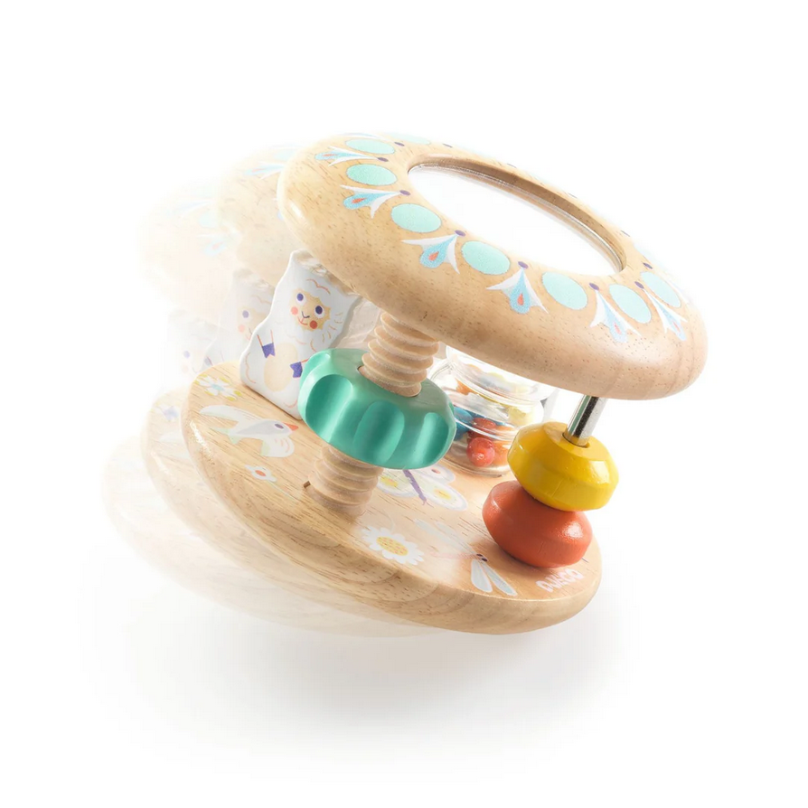 Wooden baby toy with colorful beads and patterns on a white background