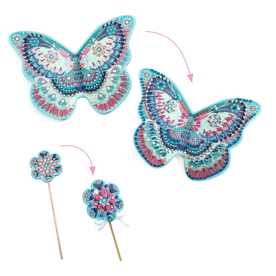 Decorative butterfly and flower on sticks with colorful patterns on a white background