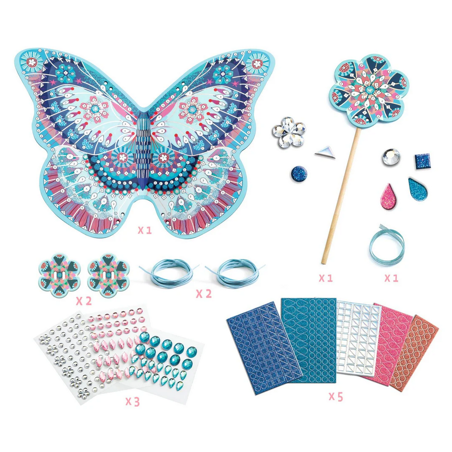 Butterfly-themed craft kit with materials on a white background