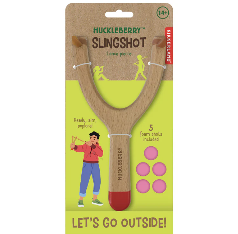 Huckleberry slingshot with packaging featuring a child and text on a white background