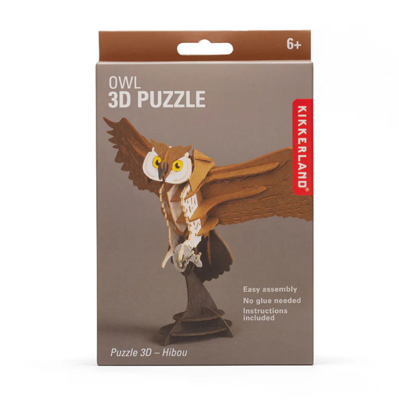 Kikkerland owl 3D puzzle packaging on a white background