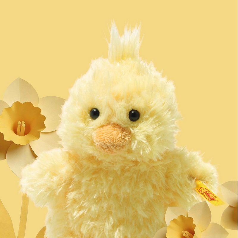 Plush toy chick on a yellow background with flowers