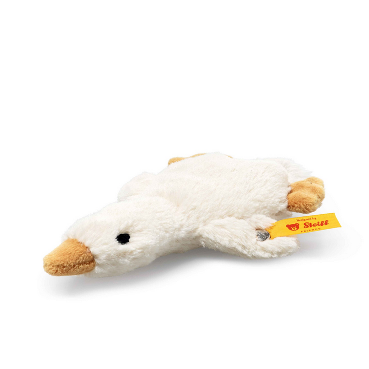 White plush toy mouse with a yellow tag on a white background