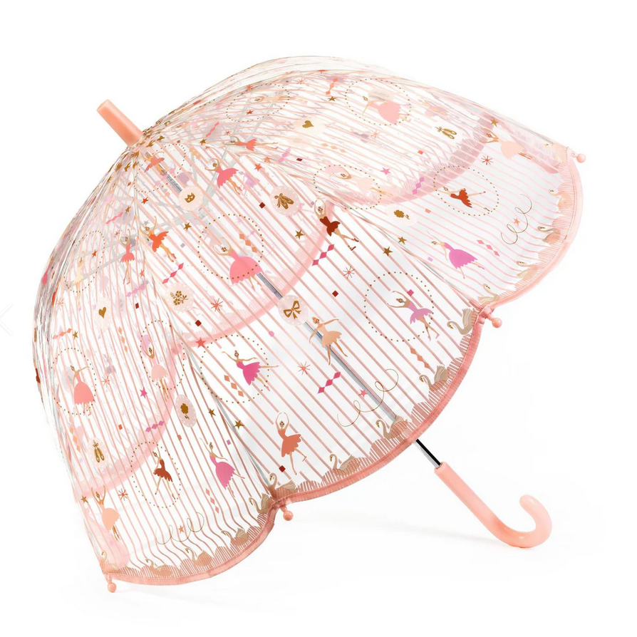 Clear umbrella with pink and gold patterns on a white background