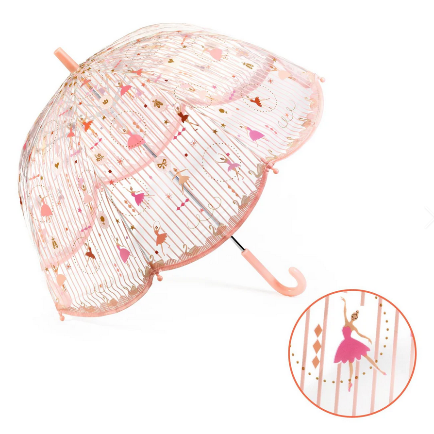 Transparent umbrella with decorative patterns on a white background