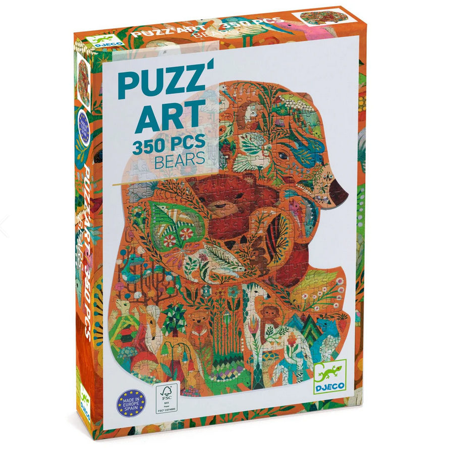 Puzzle box with a colorful bear design and 'PUZZ' ART' branding on a white background