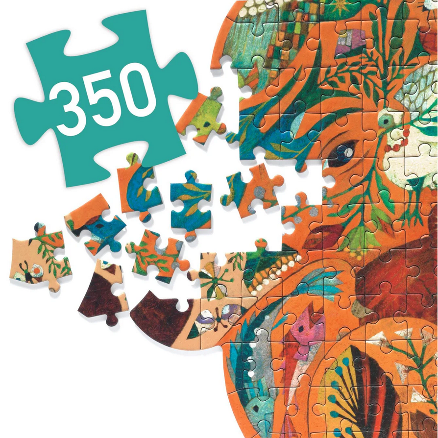 Jigsaw puzzle with a colorful design and piece labeled '350'.